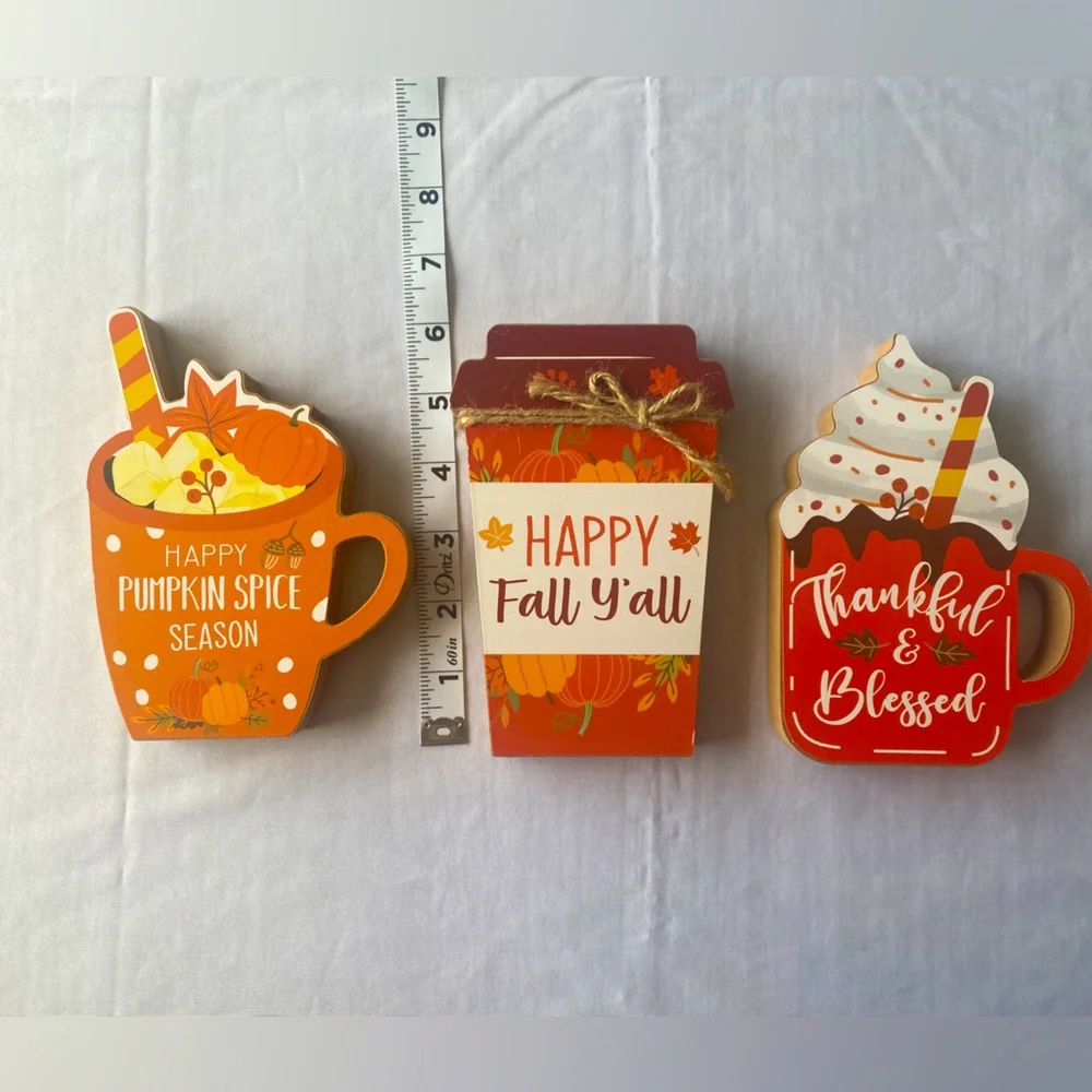3Pcs Fall Season Chunky‎ Wood Decor Coffee Mugs Happy Pumpkin Spice Season Happy